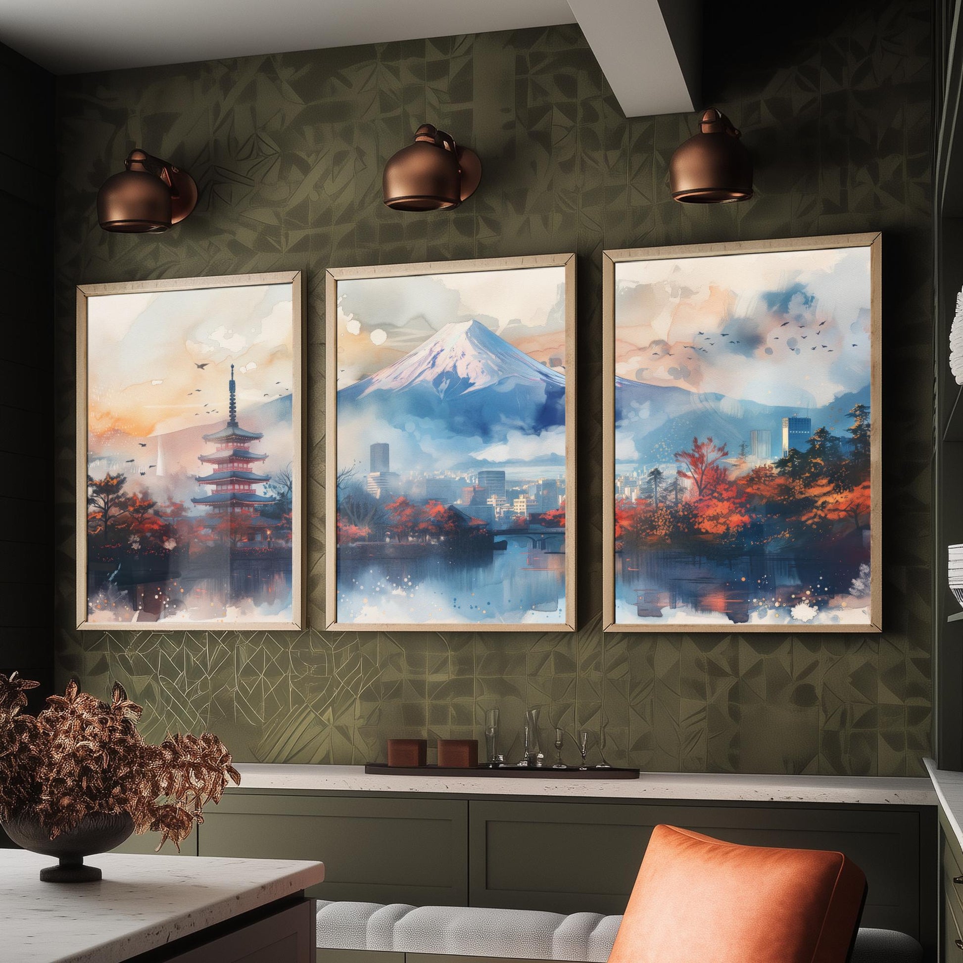 Tokyo Japan Set of Three Art Prints - Mount Fuji and Pagoda Watercolour Posters - Autumn City Panorama Painting Wall Decor