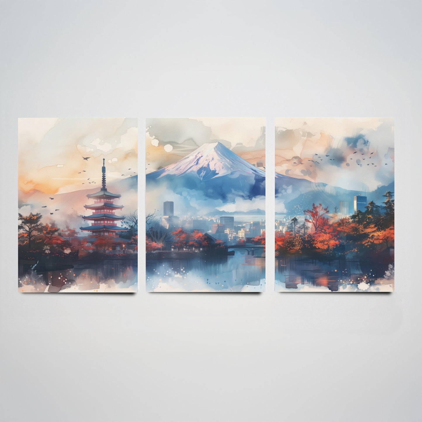 Tokyo Japan Set of Three Art Prints - Mount Fuji and Pagoda Watercolour Posters - Autumn City Panorama Painting Wall Decor