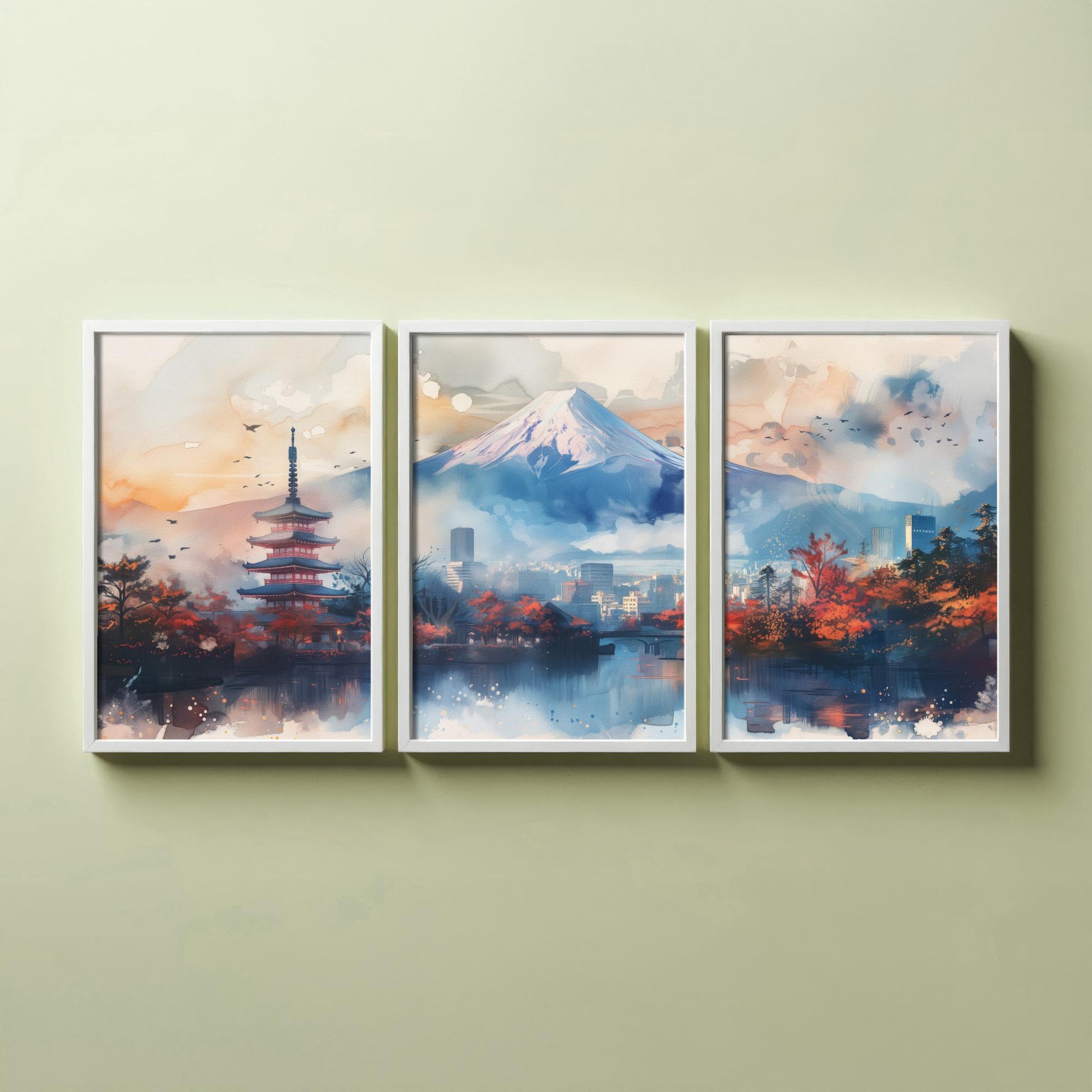 Tokyo Japan Set of Three Art Prints - Mount Fuji and Pagoda Watercolour Posters - Autumn City Panorama Painting Wall Decor