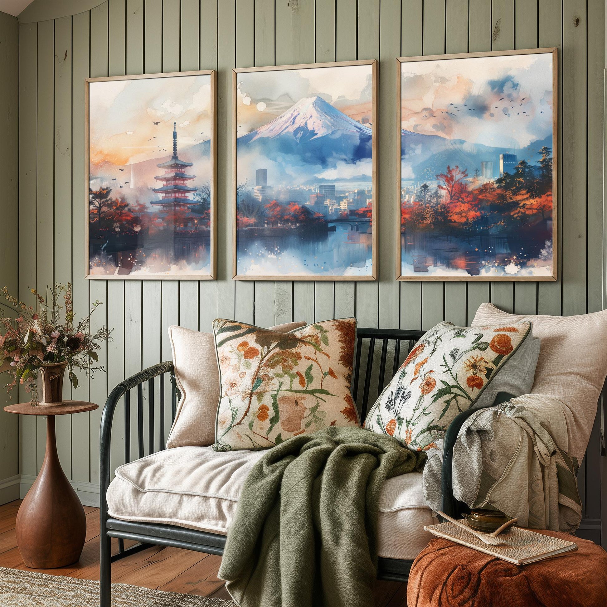 Tokyo Japan Set of Three Art Prints - Mount Fuji and Pagoda Watercolour Posters - Autumn City Panorama Painting Wall Decor