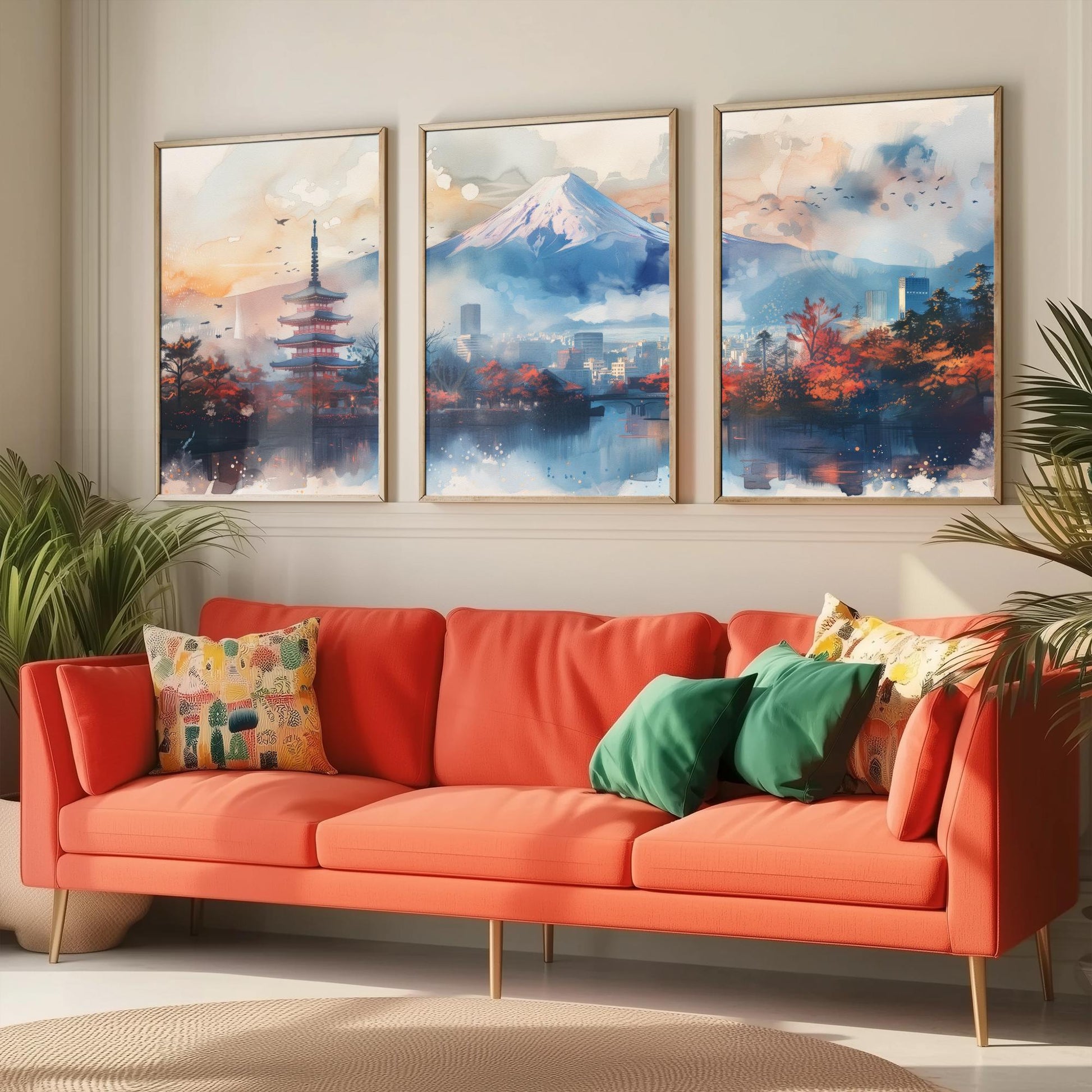 Tokyo Japan Set of Three Art Prints - Mount Fuji and Pagoda Watercolour Posters - Autumn City Panorama Painting Wall Decor