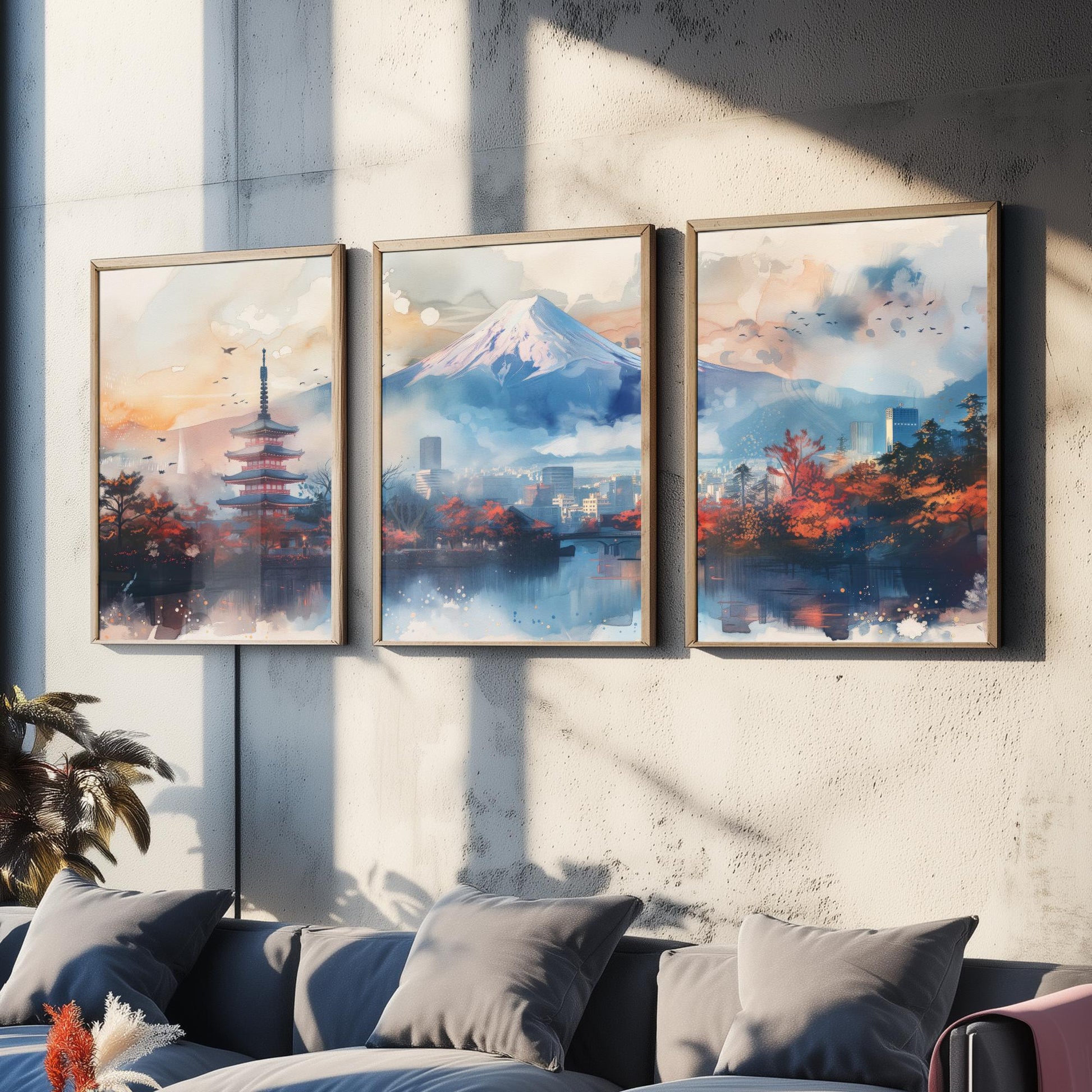 Tokyo Japan Set of Three Art Prints - Mount Fuji and Pagoda Watercolour Posters - Autumn City Panorama Painting Wall Decor