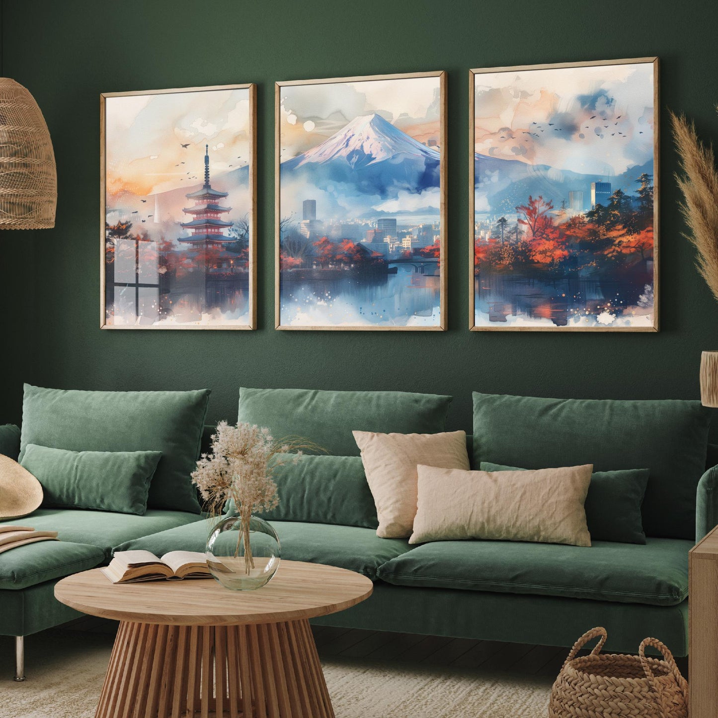 Tokyo Japan Set of Three Art Prints - Mount Fuji and Pagoda Watercolour Posters - Autumn City Panorama Painting Wall Decor