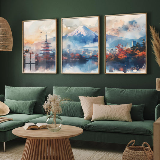 Tokyo Japan Set of Three Art Prints - Mount Fuji and Pagoda Watercolour Posters - Autumn City Panorama Painting Wall Decor
