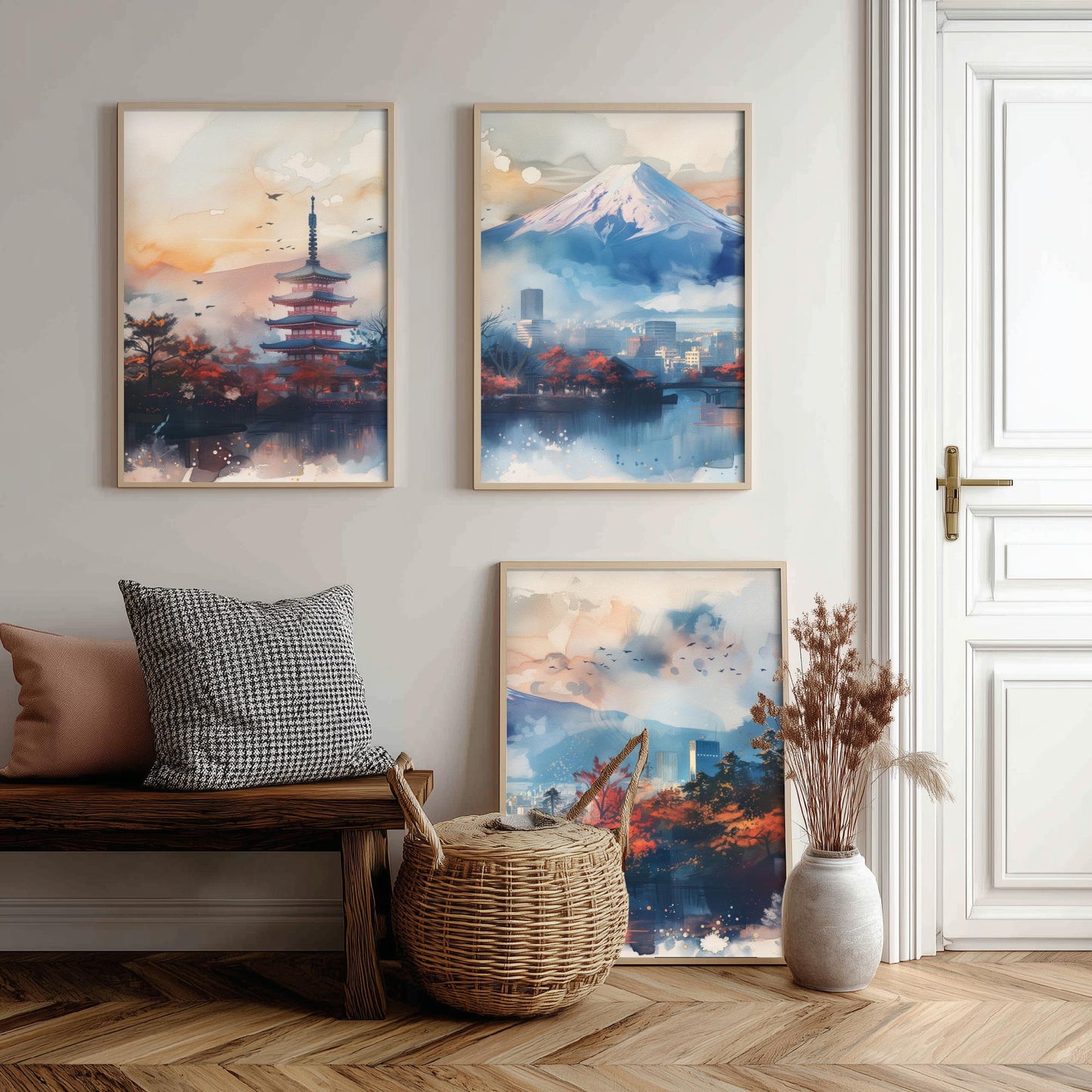 Tokyo Japan Set of Three Art Prints - Mount Fuji and Pagoda Watercolour Posters - Autumn City Panorama Painting Wall Decor