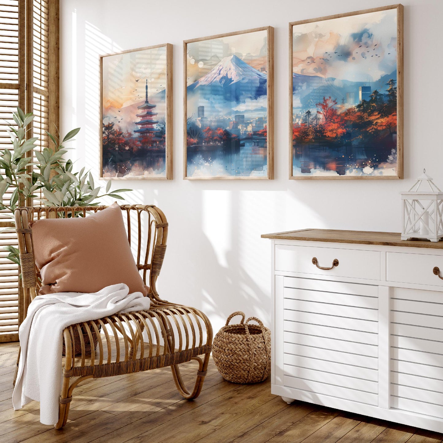 Tokyo Japan Set of Three Art Prints - Mount Fuji and Pagoda Watercolour Posters - Autumn City Panorama Painting Wall Decor