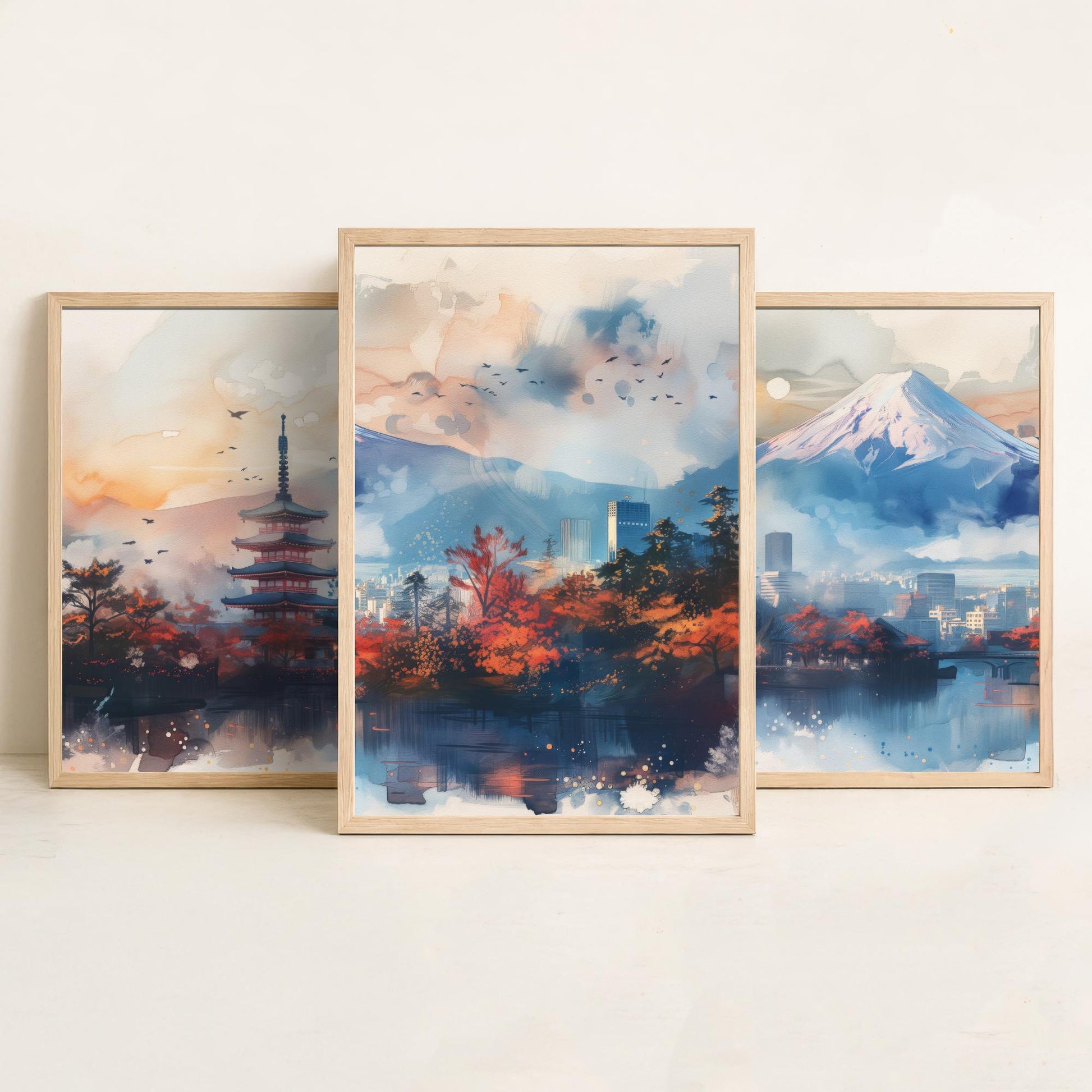 Tokyo Japan Set of Three Art Prints - Mount Fuji and Pagoda Watercolour Posters - Autumn City Panorama Painting Wall Decor