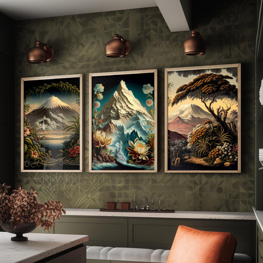 After Ernst Haeckel Mountains Set of Three Art Prints - Volcano, Snowy Peak, Tropical Summit - Botanical Landscape Poster Painting