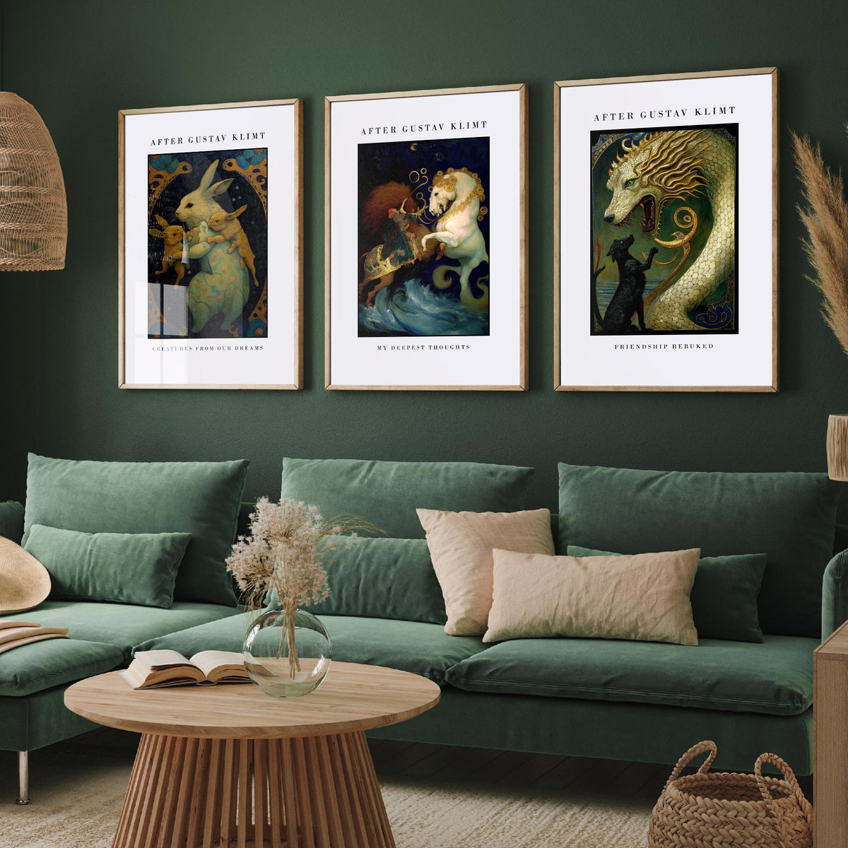 After Gustav Klimt Animals Set of Three Art Prints - Golden Rabbits, Horse, Dragon and Cat - Art Nouveau Poster Painting