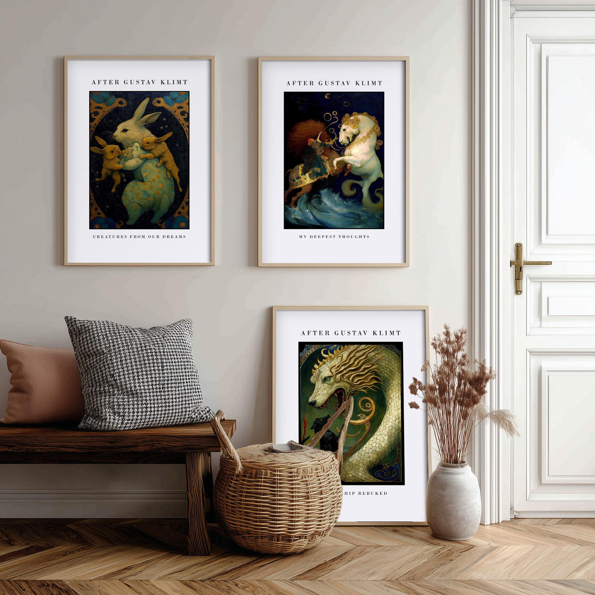 After Gustav Klimt Animals Set of Three Art Prints - Golden Rabbits, Horse, Dragon and Cat - Art Nouveau Poster Painting