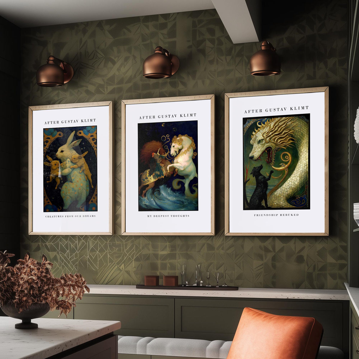 After Gustav Klimt Animals Set of Three Art Prints - Golden Rabbits, Horse, Dragon and Cat - Art Nouveau Poster Painting