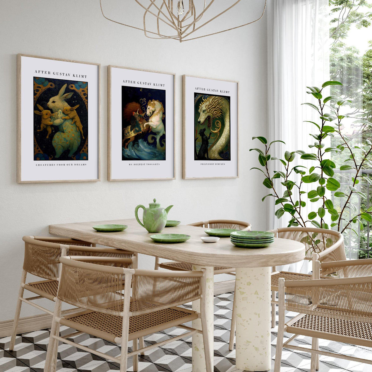 After Gustav Klimt Animals Set of Three Art Prints - Golden Rabbits, Horse, Dragon and Cat - Art Nouveau Poster Painting