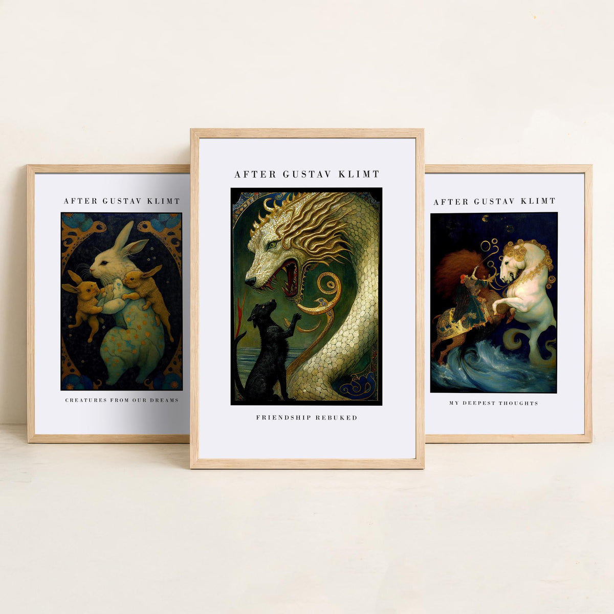 After Gustav Klimt Animals Set of Three Art Prints - Golden Rabbits, Horse, Dragon and Cat - Art Nouveau Poster Painting