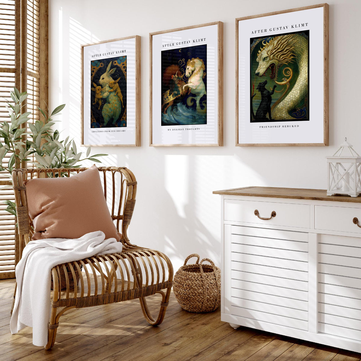 After Gustav Klimt Animals Set of Three Art Prints - Golden Rabbits, Horse, Dragon and Cat - Art Nouveau Poster Painting