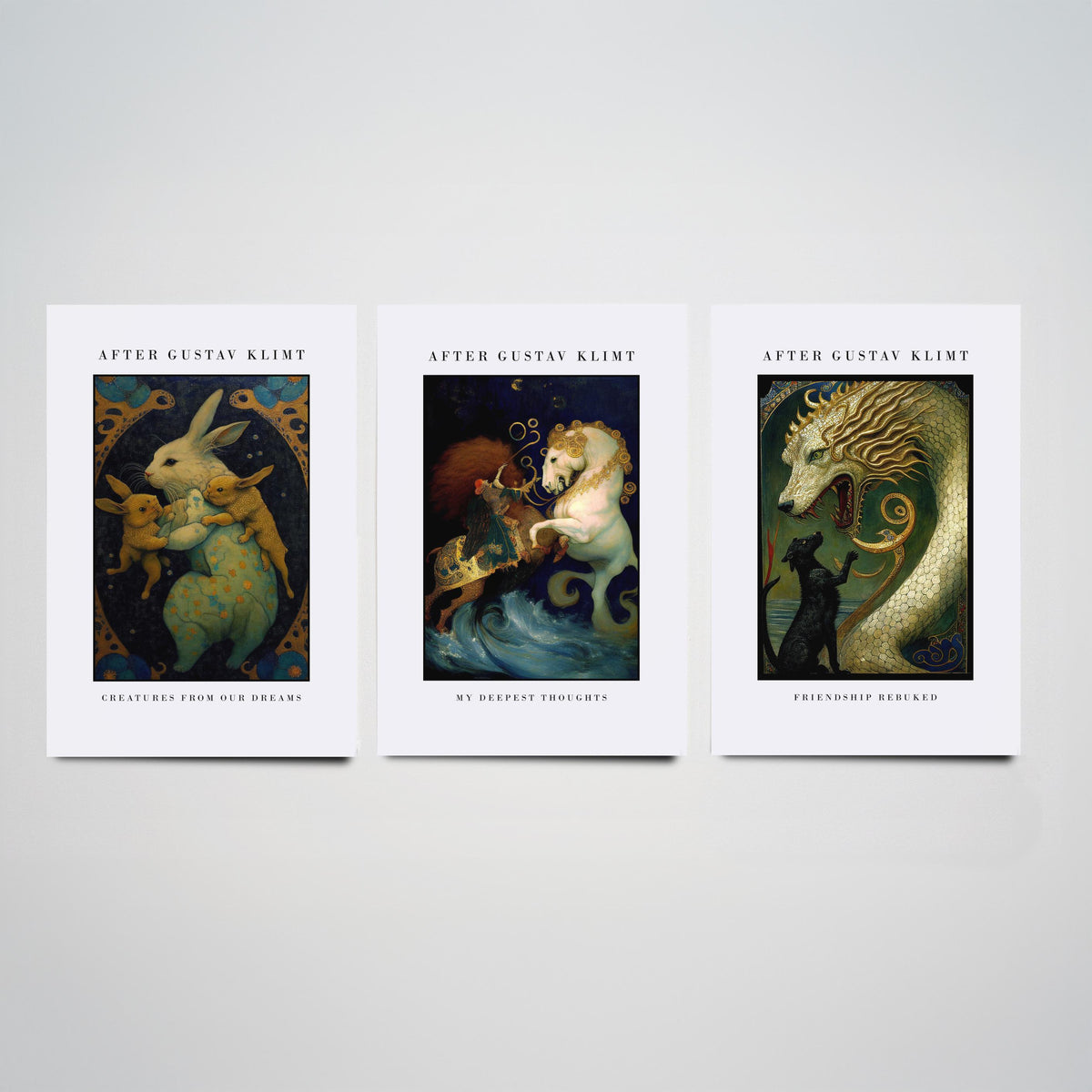 After Gustav Klimt Animals Set of Three Art Prints - Golden Rabbits, Horse, Dragon and Cat - Art Nouveau Poster Painting