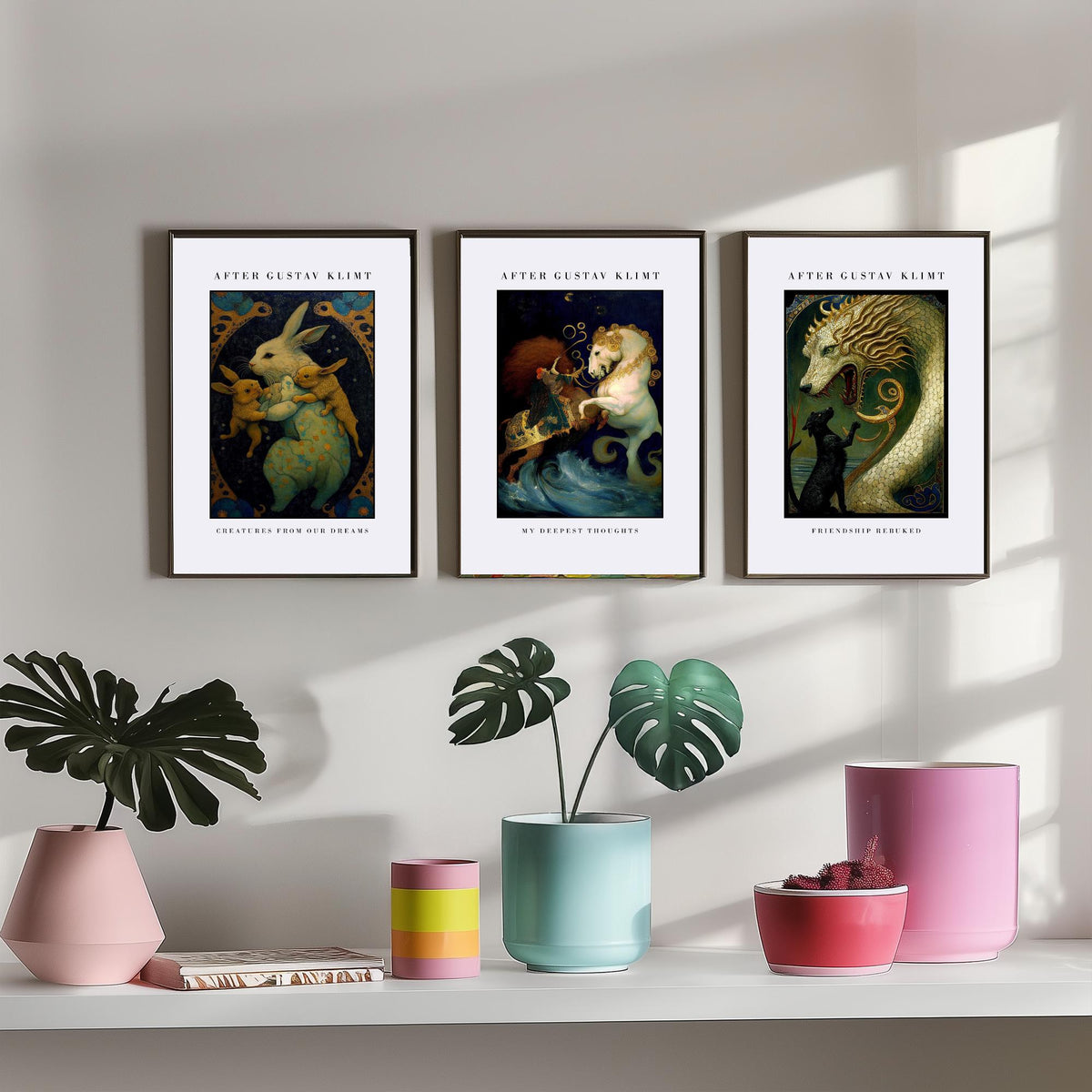 After Gustav Klimt Animals Set of Three Art Prints - Golden Rabbits, Horse, Dragon and Cat - Art Nouveau Poster Painting