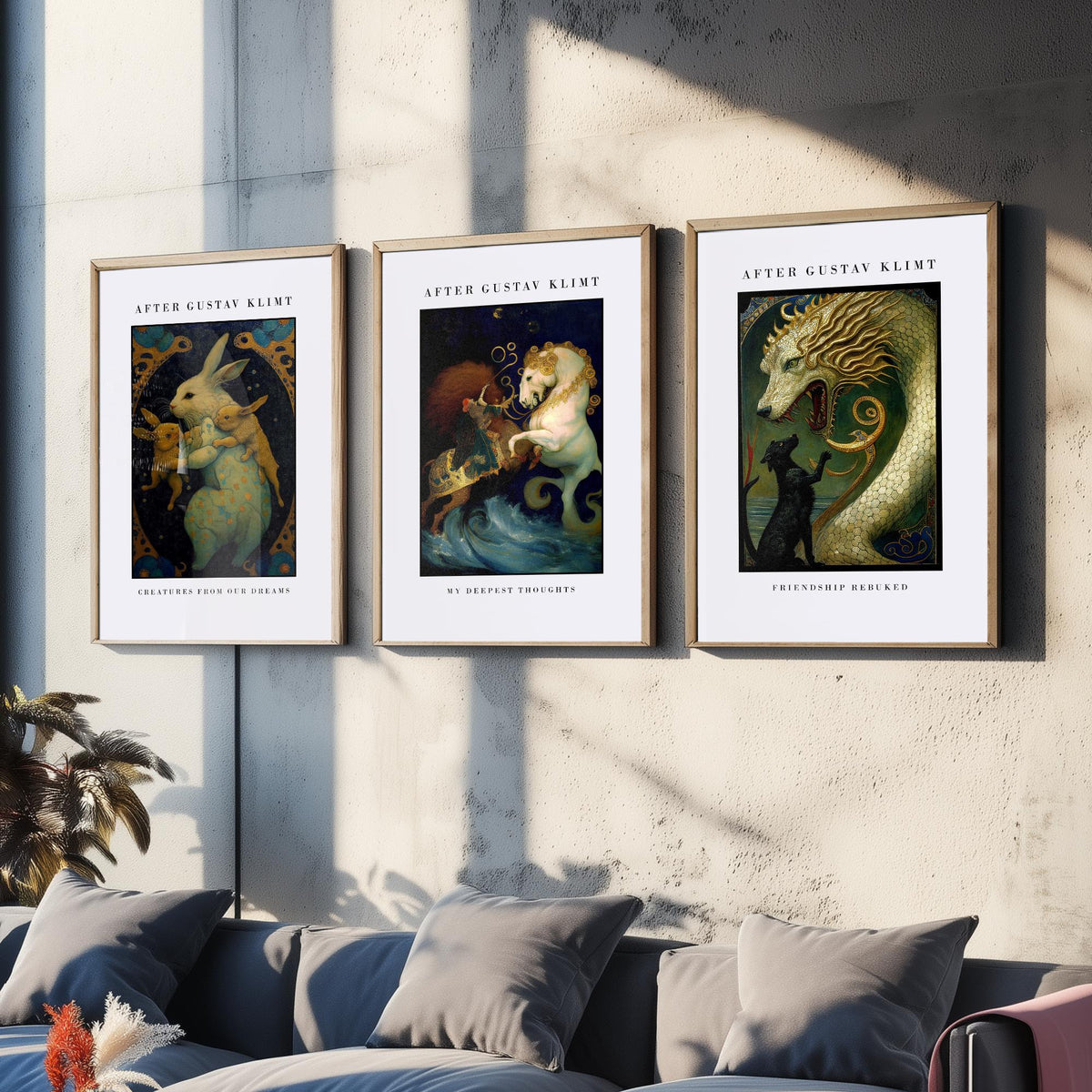 After Gustav Klimt Animals Set of Three Art Prints - Golden Rabbits, Horse, Dragon and Cat - Art Nouveau Poster Painting