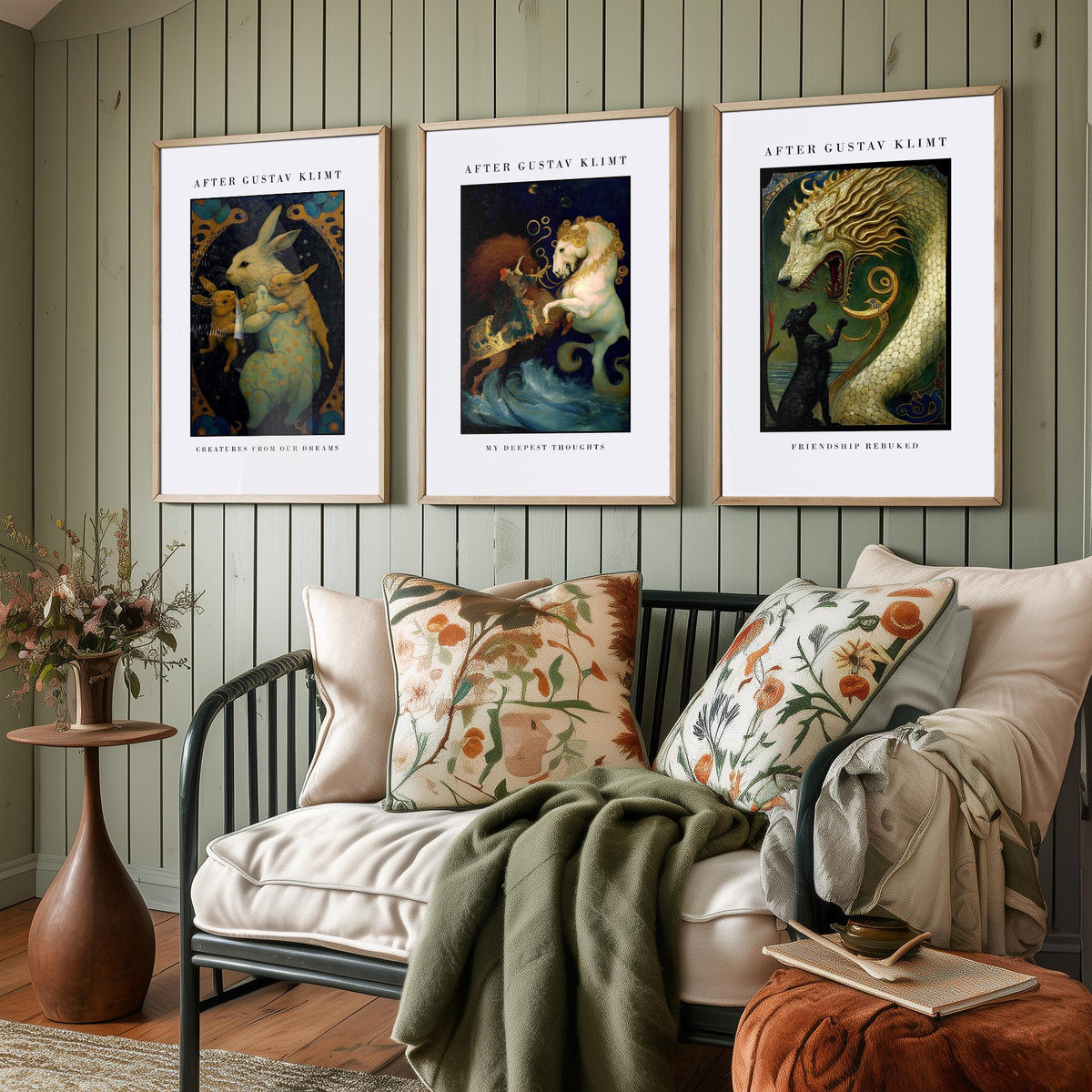 After Gustav Klimt Animals Set of Three Art Prints - Golden Rabbits, Horse, Dragon and Cat - Art Nouveau Poster Painting