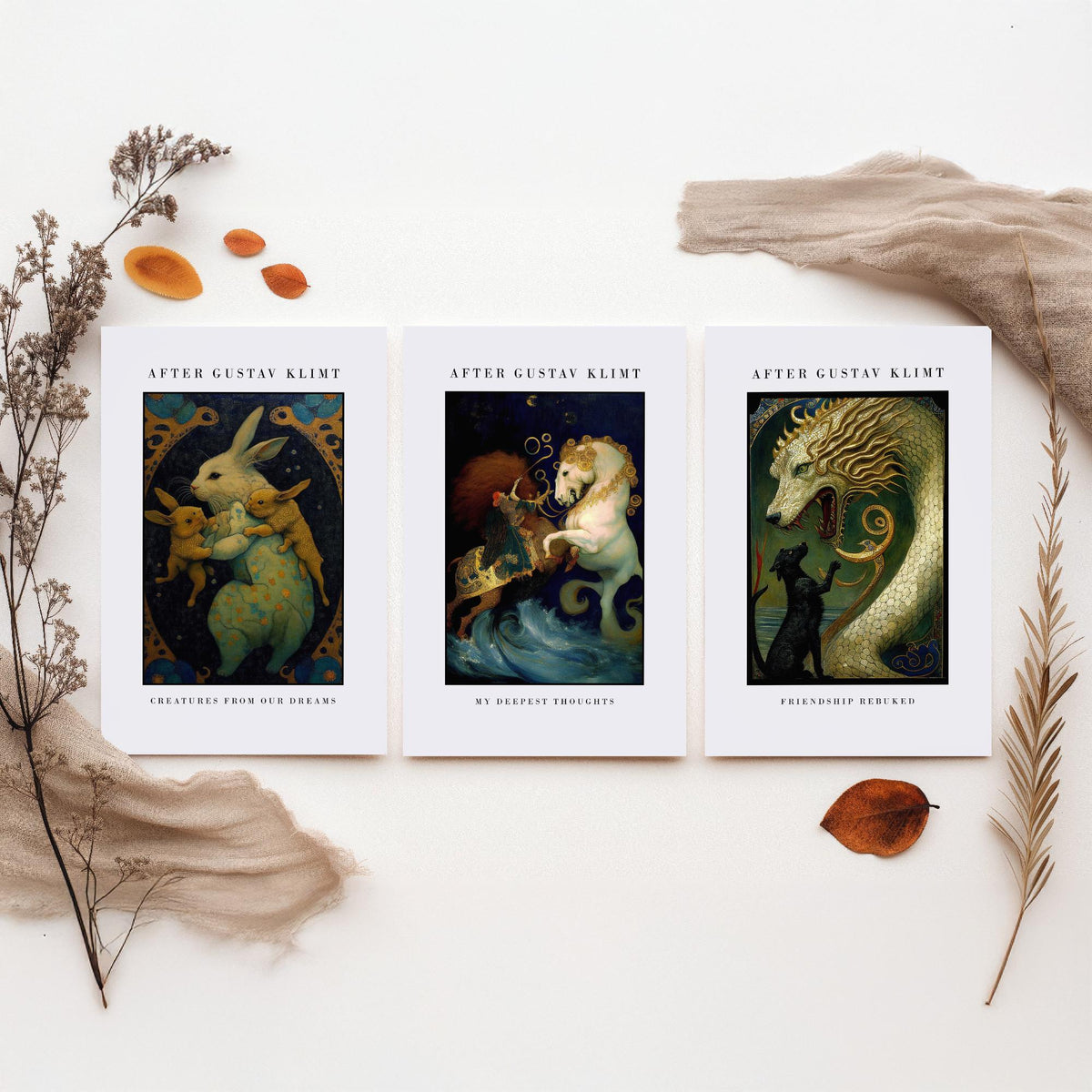 After Gustav Klimt Animals Set of Three Art Prints - Golden Rabbits, Horse, Dragon and Cat - Art Nouveau Poster Painting