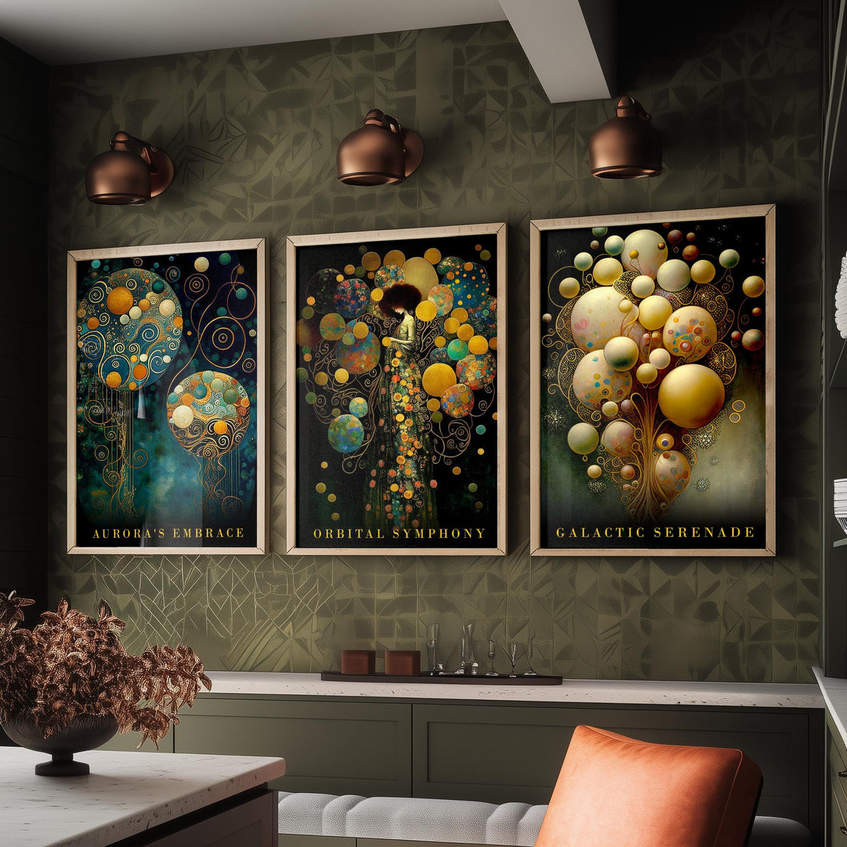 After Gustav Klimt Balloons Set of Three Art Prints - Aurora's Embrace, Orbital Symphony, Galactic Serenade - Gold Painting Poster