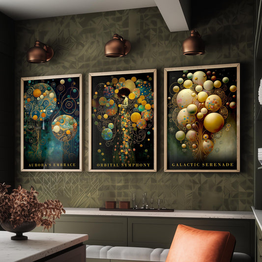 After Gustav Klimt Balloons Set of Three Art Prints - Aurora's Embrace, Orbital Symphony, Galactic Serenade - Gold Painting Poster