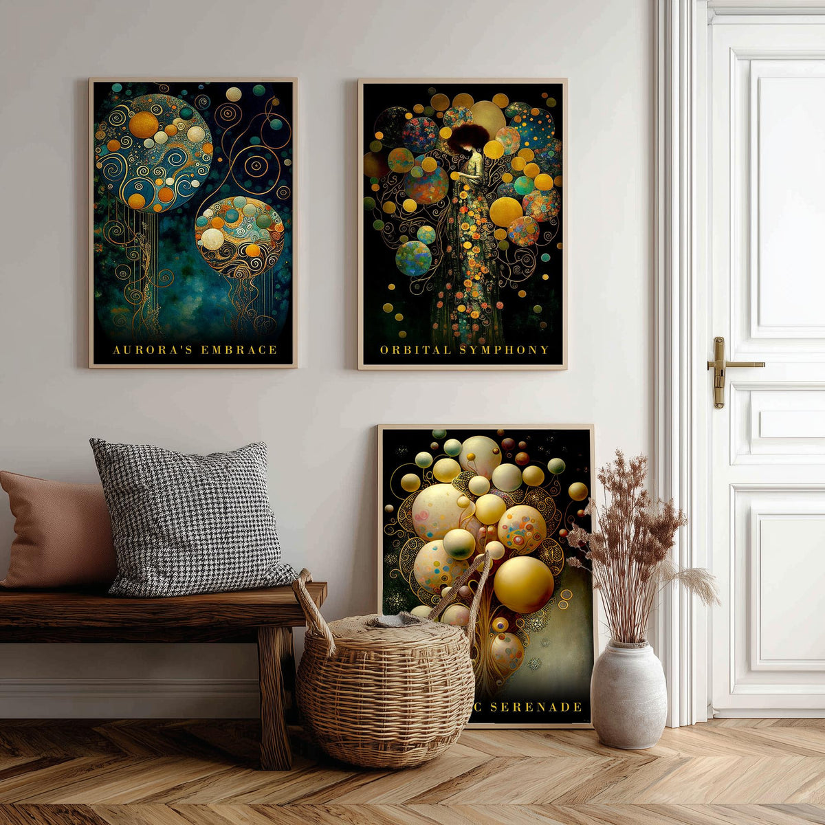 After Gustav Klimt Balloons Set of Three Art Prints - Aurora's Embrace, Orbital Symphony, Galactic Serenade - Gold Painting Poster