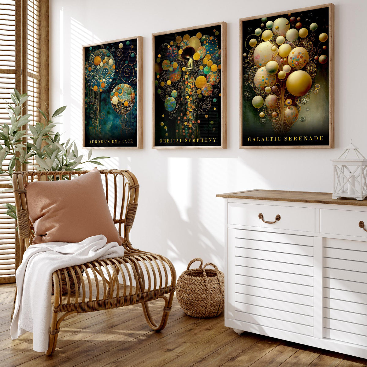 After Gustav Klimt Balloons Set of Three Art Prints - Aurora's Embrace, Orbital Symphony, Galactic Serenade - Gold Painting Poster