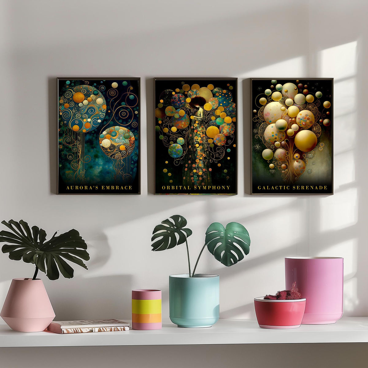 After Gustav Klimt Balloons Set of Three Art Prints - Aurora's Embrace, Orbital Symphony, Galactic Serenade - Gold Painting Poster