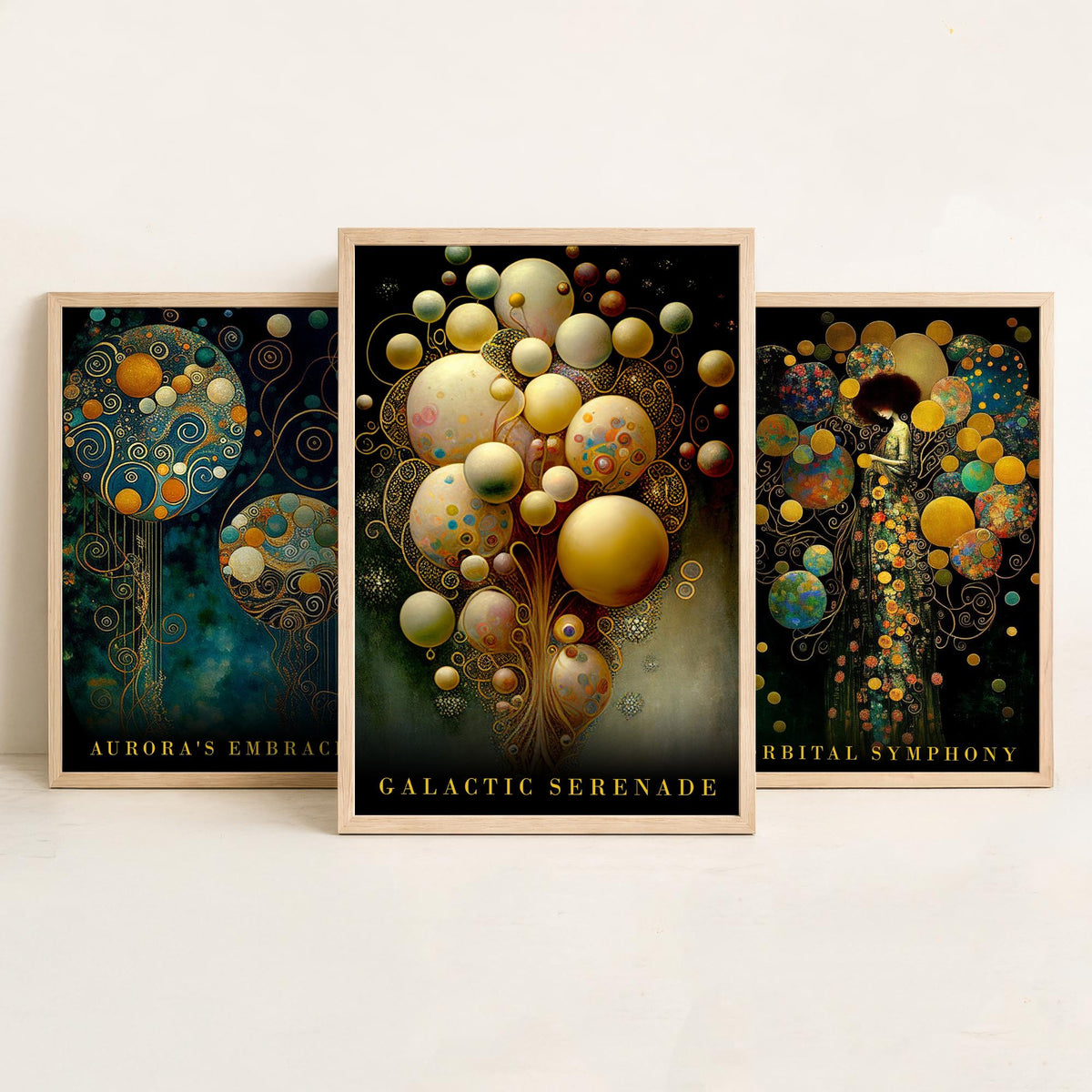 After Gustav Klimt Balloons Set of Three Art Prints - Aurora's Embrace, Orbital Symphony, Galactic Serenade - Gold Painting Poster