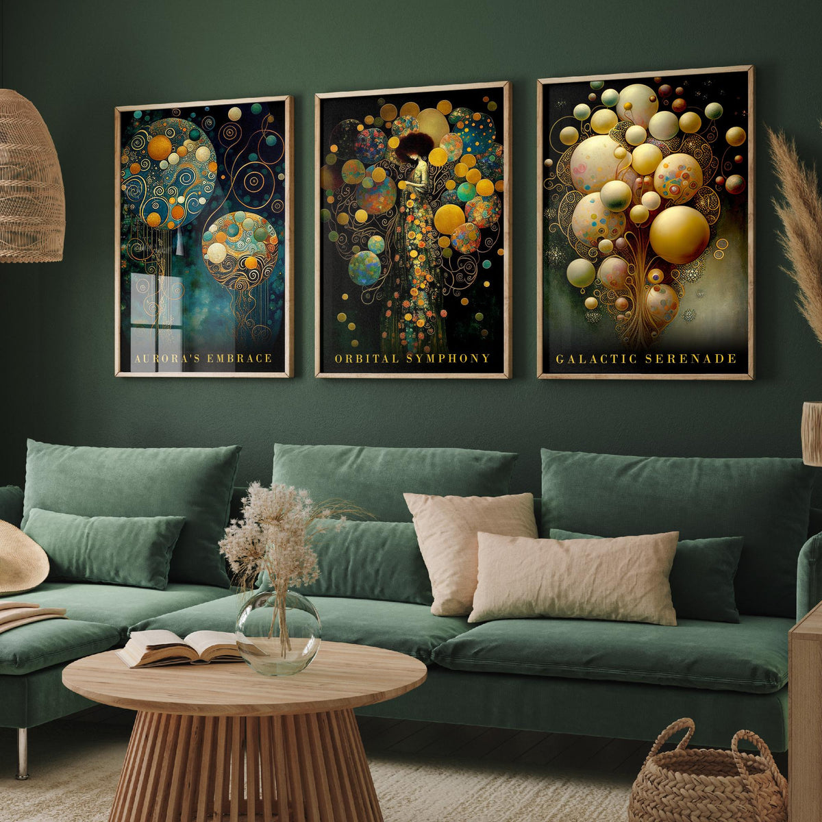 After Gustav Klimt Balloons Set of Three Art Prints - Aurora's Embrace, Orbital Symphony, Galactic Serenade - Gold Painting Poster