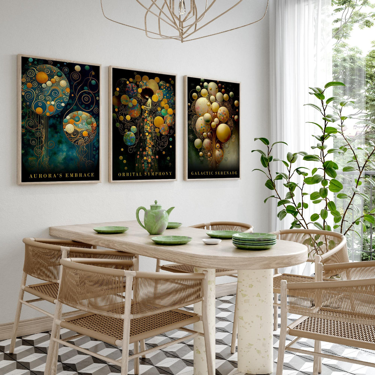 After Gustav Klimt Balloons Set of Three Art Prints - Aurora's Embrace, Orbital Symphony, Galactic Serenade - Gold Painting Poster
