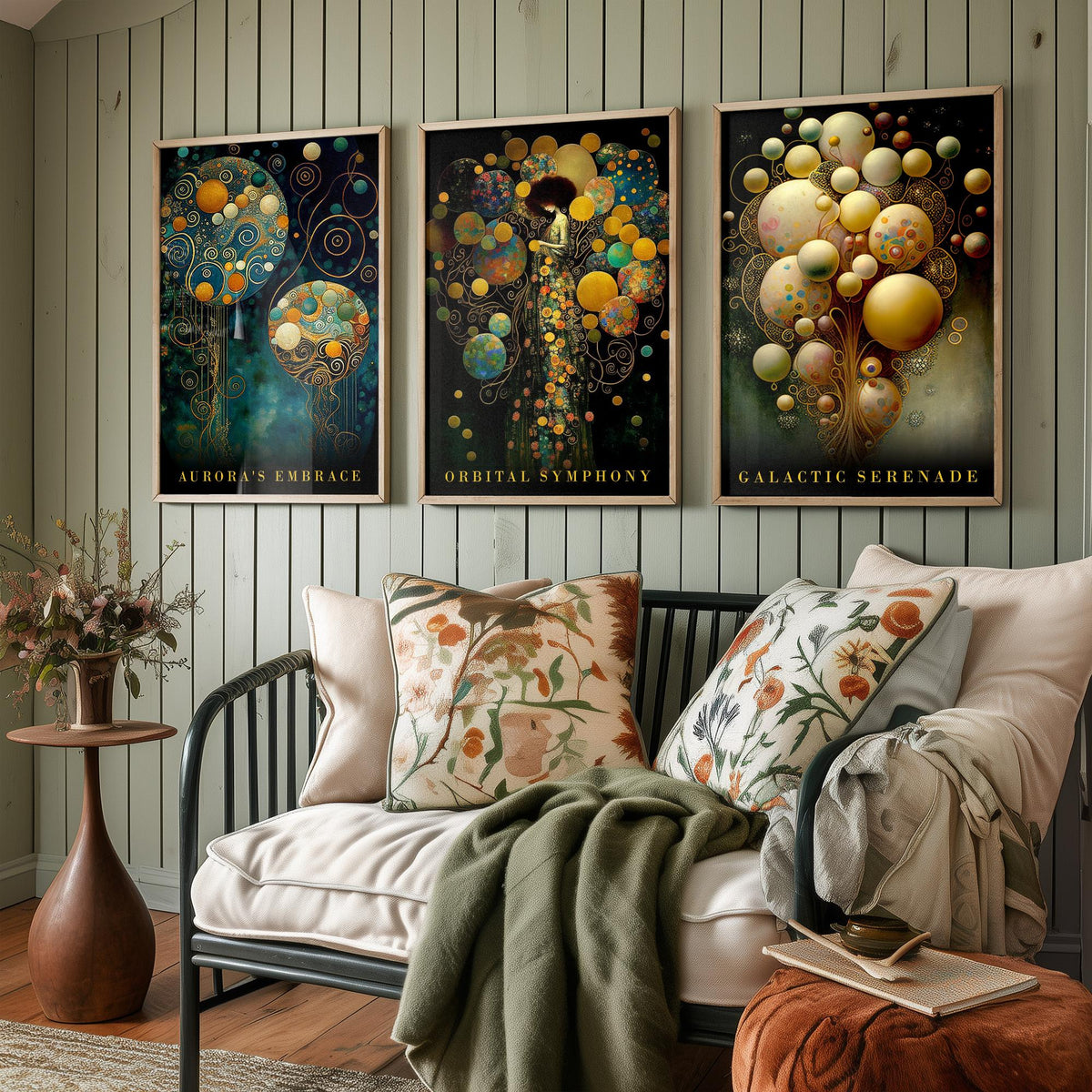 After Gustav Klimt Balloons Set of Three Art Prints - Aurora's Embrace, Orbital Symphony, Galactic Serenade - Gold Painting Poster