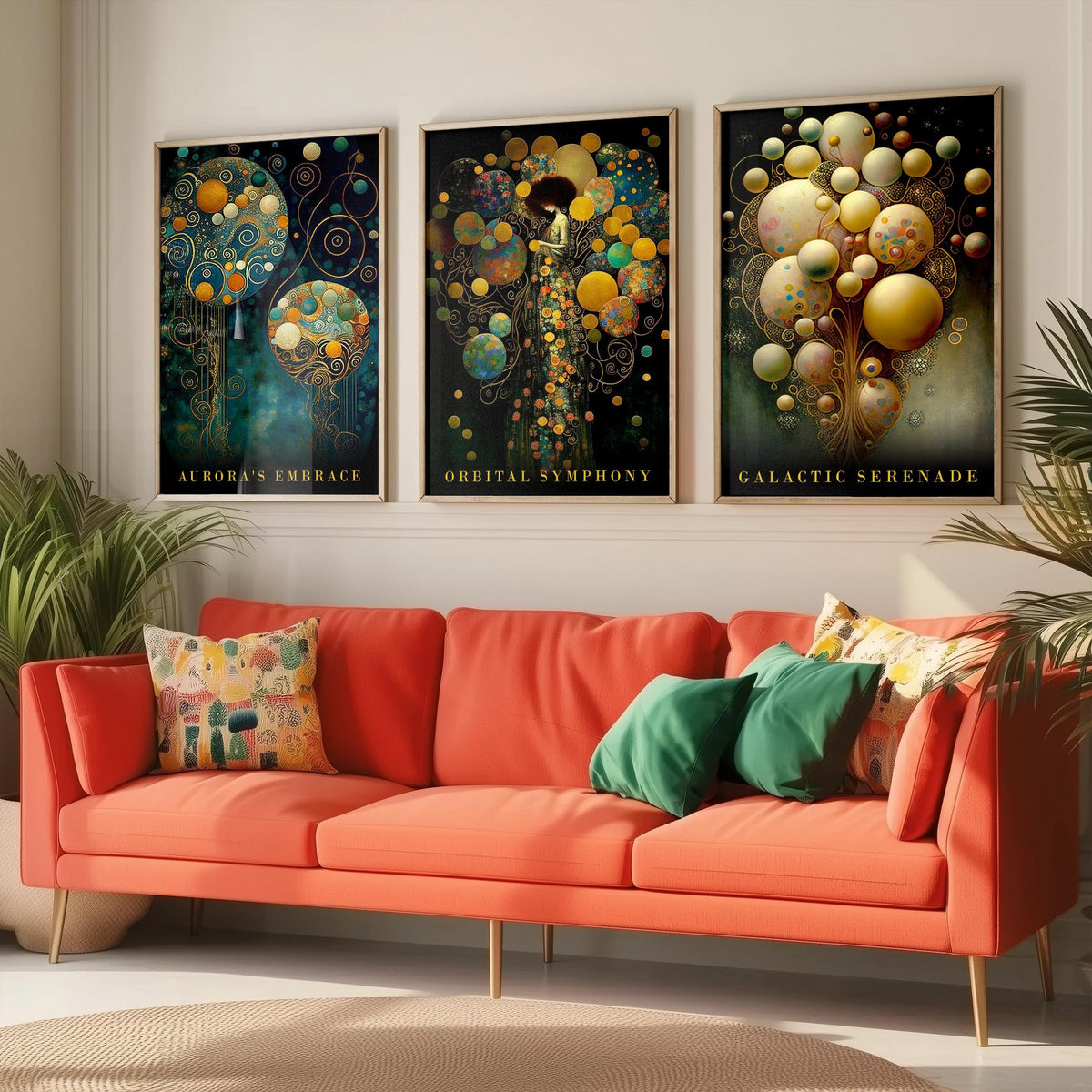 After Gustav Klimt Balloons Set of Three Art Prints - Aurora's Embrace, Orbital Symphony, Galactic Serenade - Gold Painting Poster