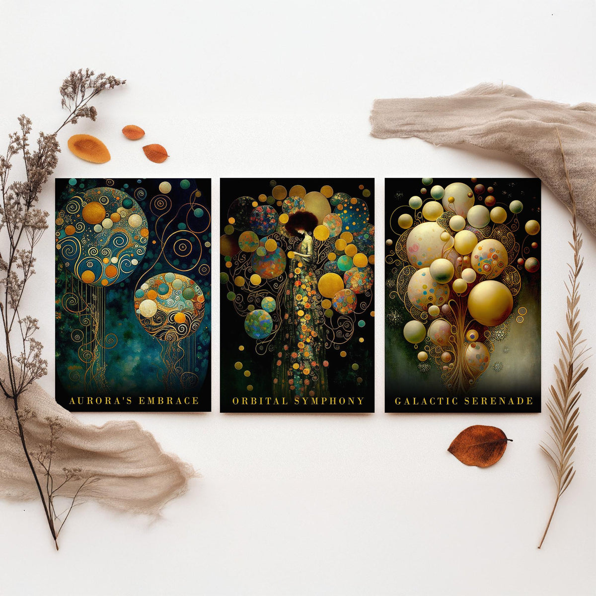 After Gustav Klimt Balloons Set of Three Art Prints - Aurora's Embrace, Orbital Symphony, Galactic Serenade - Gold Painting Poster