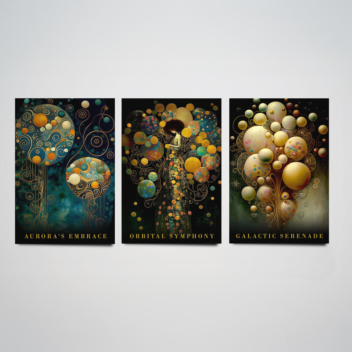 After Gustav Klimt Balloons Set of Three Art Prints - Aurora's Embrace, Orbital Symphony, Galactic Serenade - Gold Painting Poster