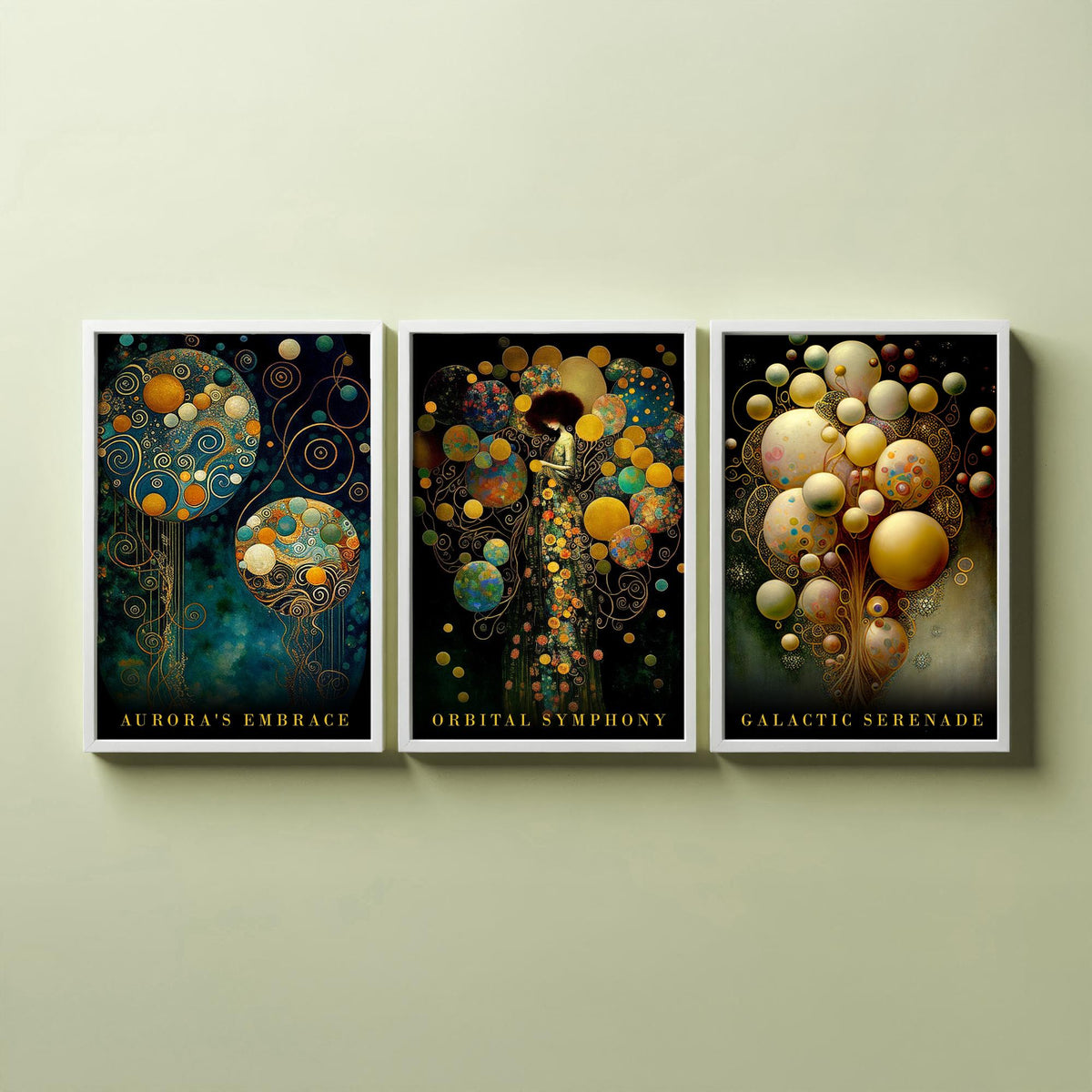 After Gustav Klimt Balloons Set of Three Art Prints - Aurora's Embrace, Orbital Symphony, Galactic Serenade - Gold Painting Poster