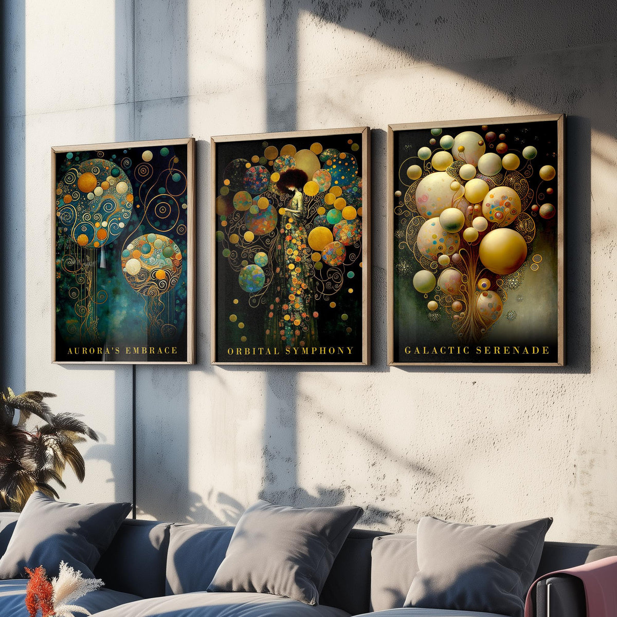 After Gustav Klimt Balloons Set of Three Art Prints - Aurora's Embrace, Orbital Symphony, Galactic Serenade - Gold Painting Poster