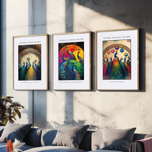 After Gustav Klimt Peacocks Set of Three Art Prints - Symphony of Colours, Celestial Convergence, Peacock Parade - Painting Poster