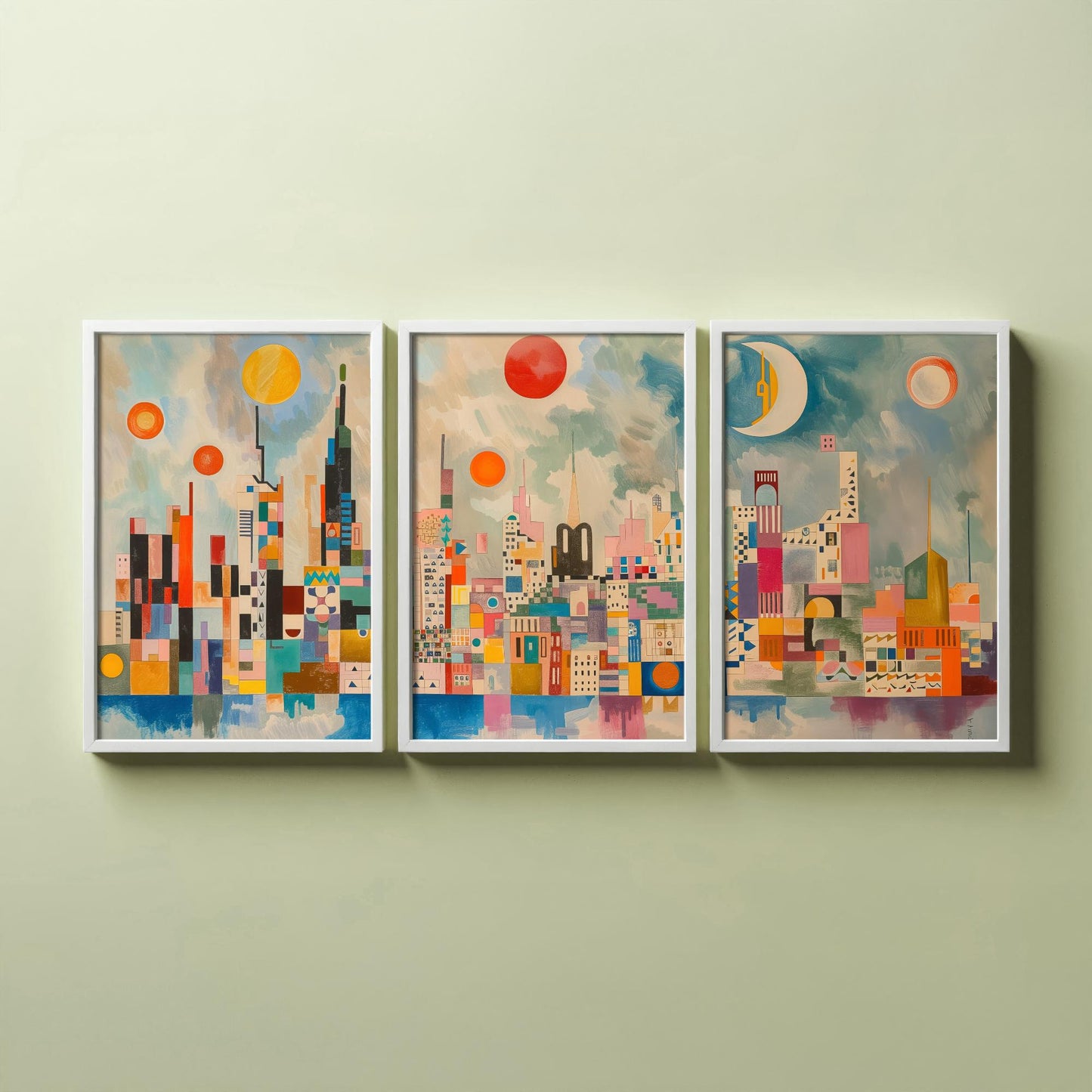 London Set of Three Art Prints - Colourful Geometric Abstract Skyline Posters - Modernist City Illustration - Sun and Moon Painting