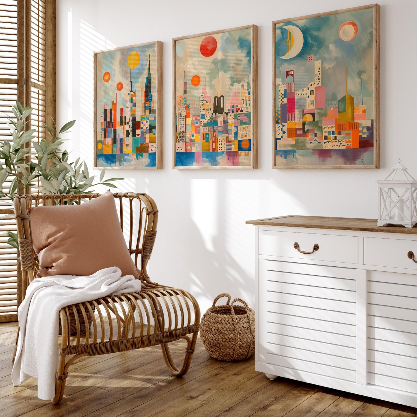 London Set of Three Art Prints - Colourful Geometric Abstract Skyline Posters - Modernist City Illustration - Sun and Moon Painting
