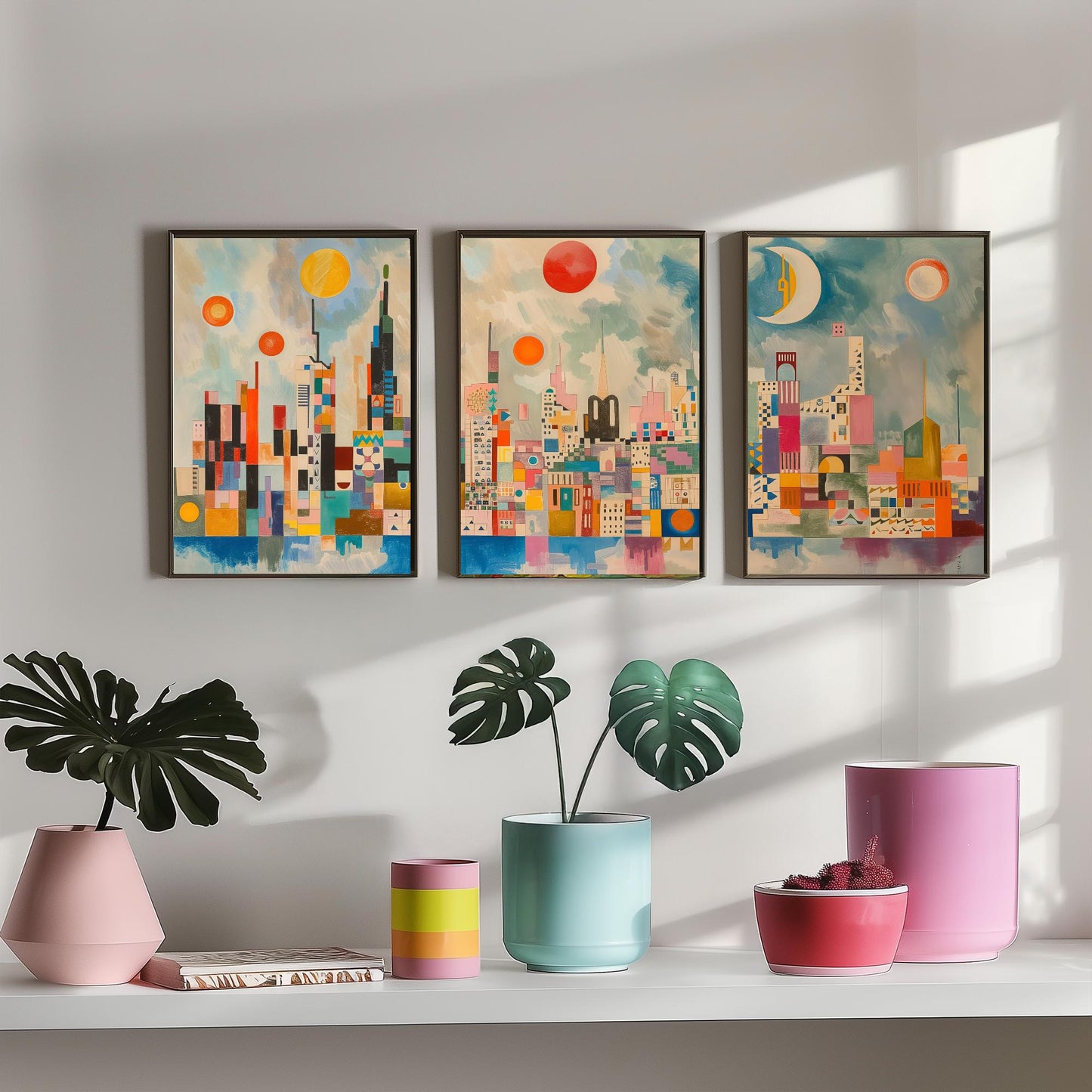 London Set of Three Art Prints - Colourful Geometric Abstract Skyline Posters - Modernist City Illustration - Sun and Moon Painting