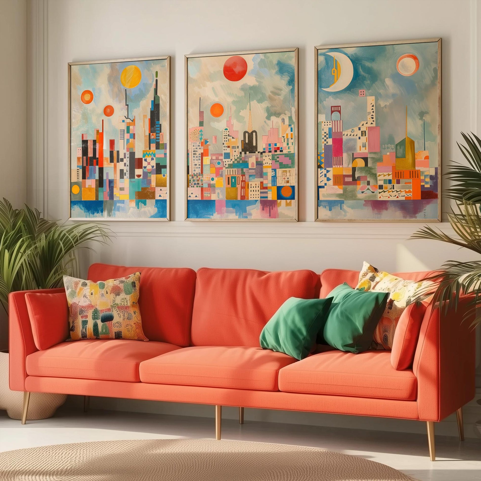London Set of Three Art Prints - Colourful Geometric Abstract Skyline Posters - Modernist City Illustration - Sun and Moon Painting