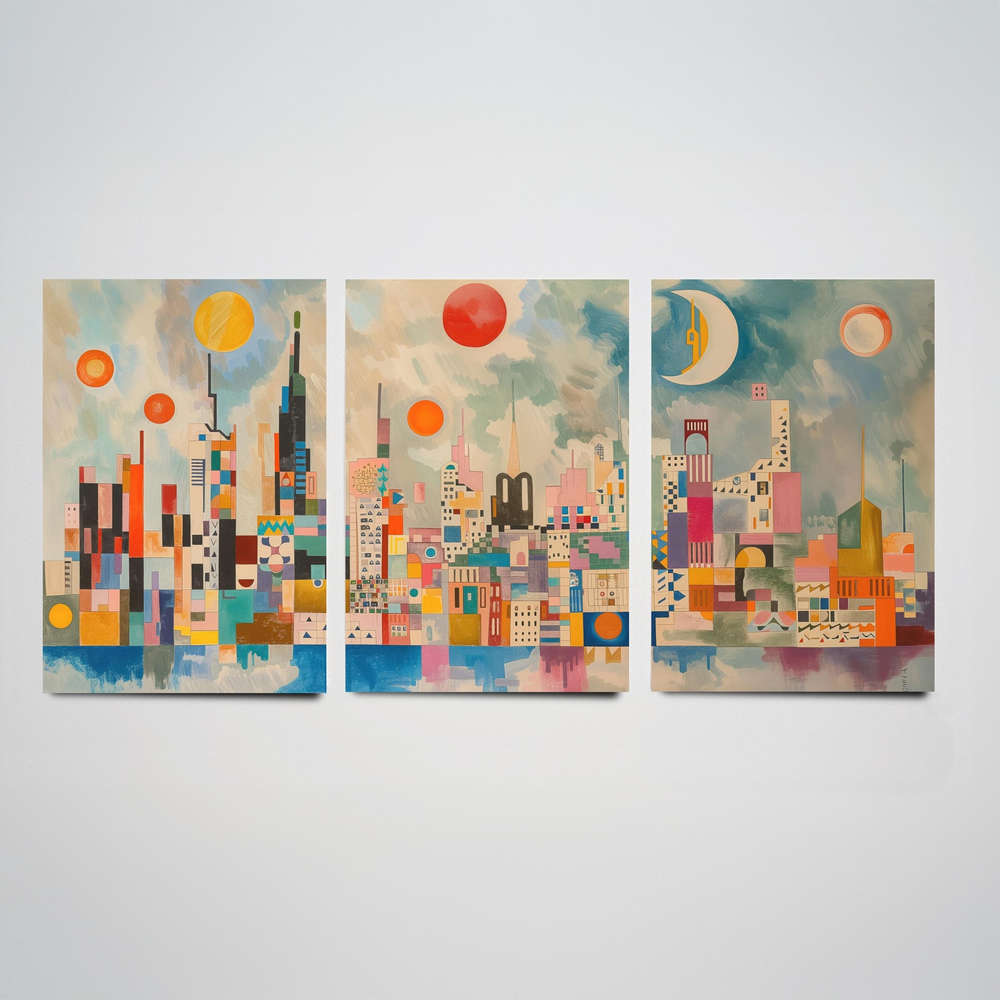 London Set of Three Art Prints - Colourful Geometric Abstract Skyline Posters - Modernist City Illustration - Sun and Moon Painting