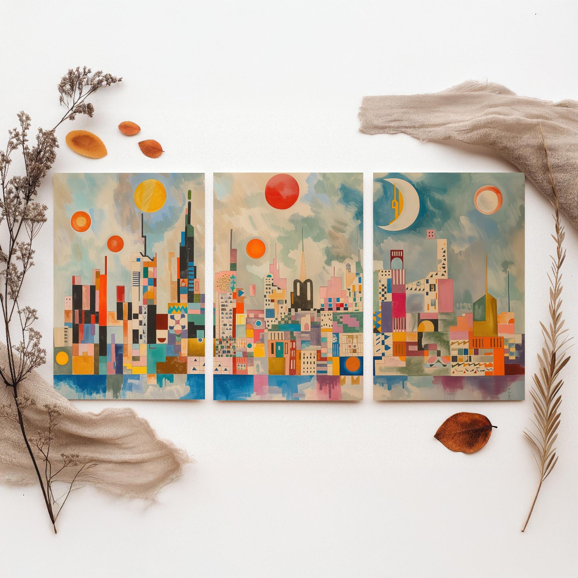 London Set of Three Art Prints - Colourful Geometric Abstract Skyline Posters - Modernist City Illustration - Sun and Moon Painting