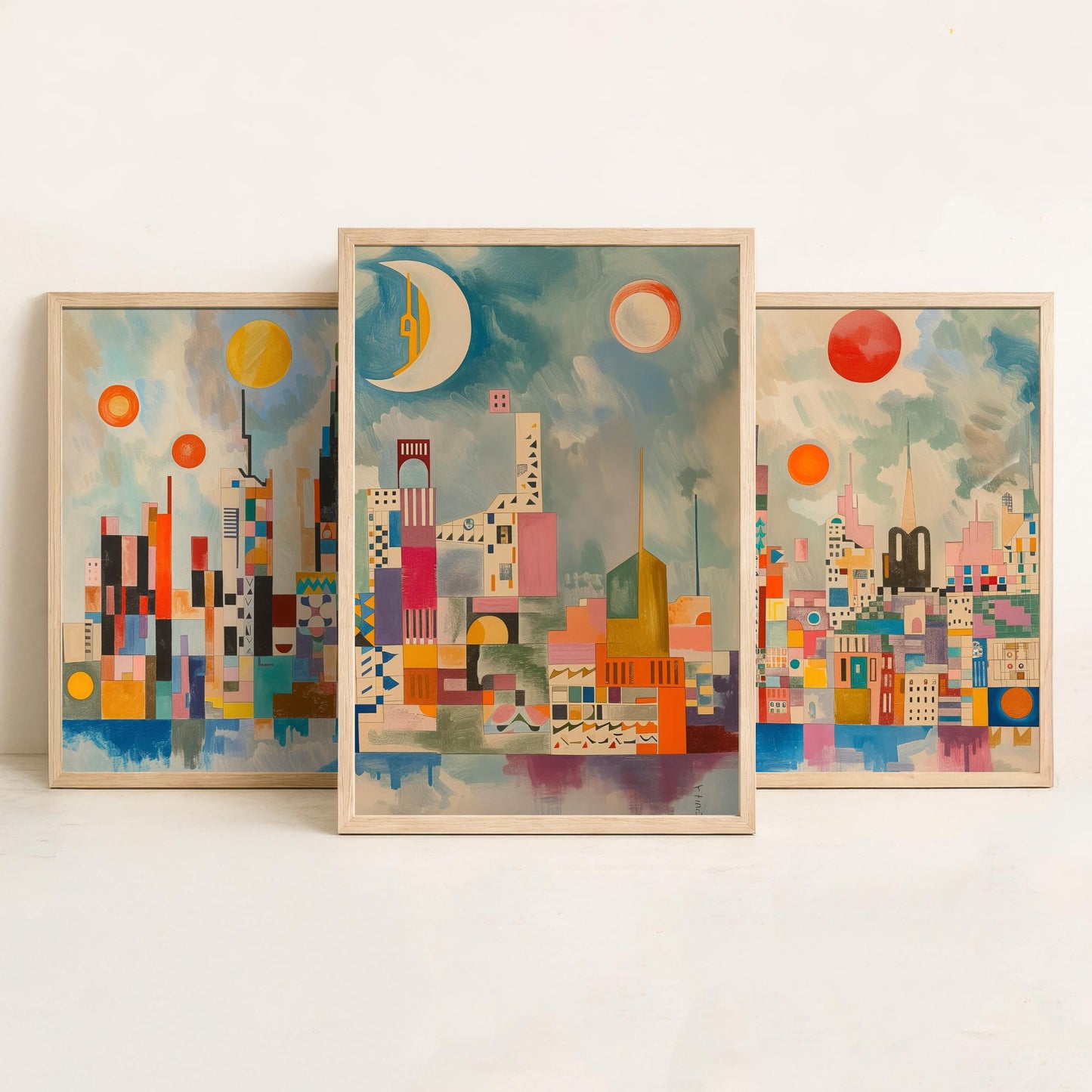 London Set of Three Art Prints - Colourful Geometric Abstract Skyline Posters - Modernist City Illustration - Sun and Moon Painting