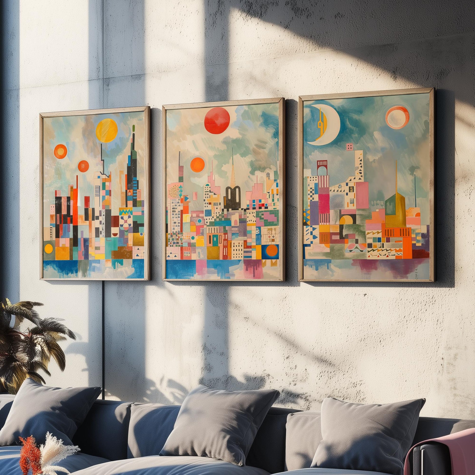 London Set of Three Art Prints - Colourful Geometric Abstract Skyline Posters - Modernist City Illustration - Sun and Moon Painting
