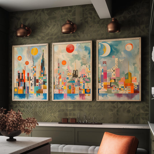 London Set of Three Art Prints - Colourful Geometric Abstract Skyline Posters - Modernist City Illustration - Sun and Moon Painting