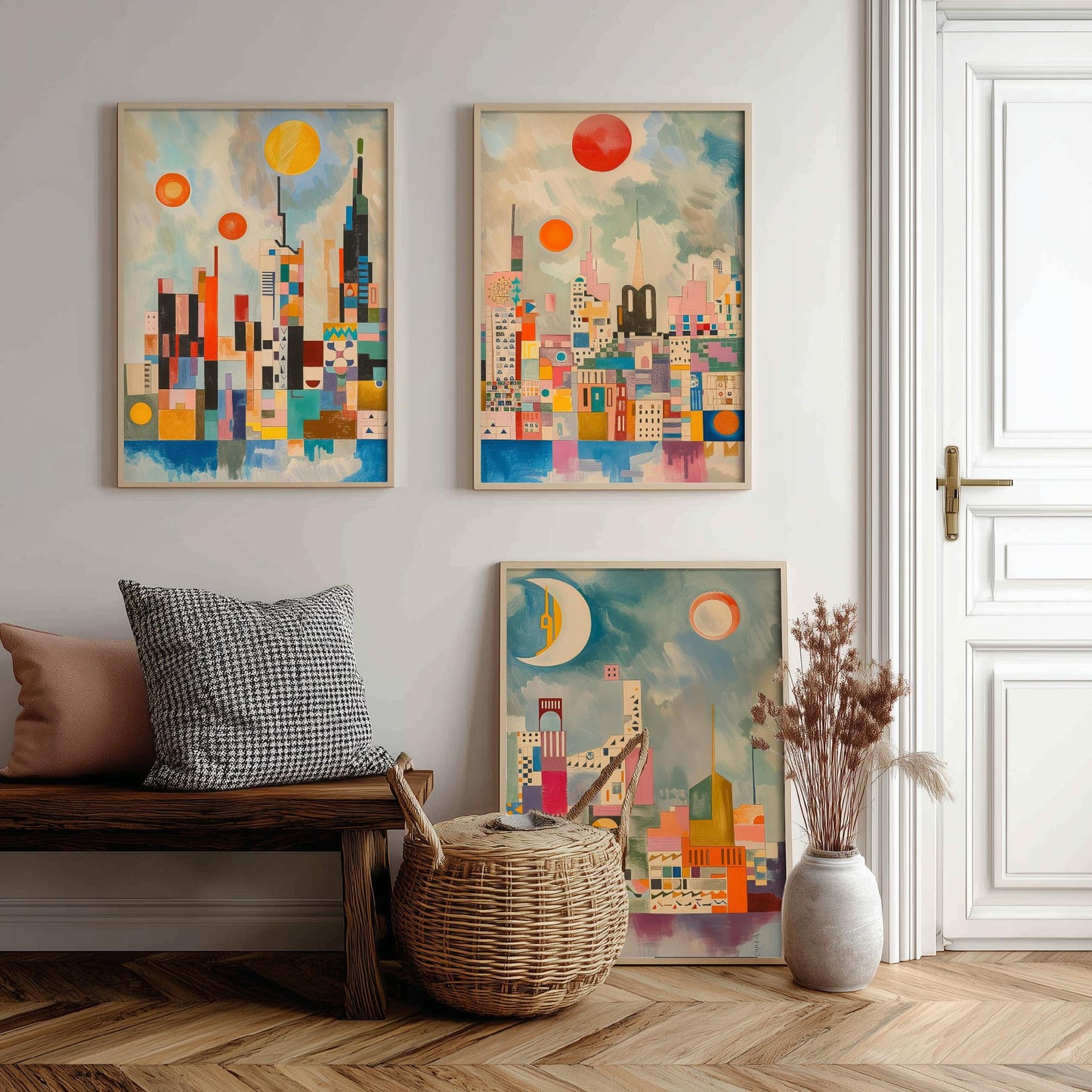 London Set of Three Art Prints - Colourful Geometric Abstract Skyline Posters - Modernist City Illustration - Sun and Moon Painting