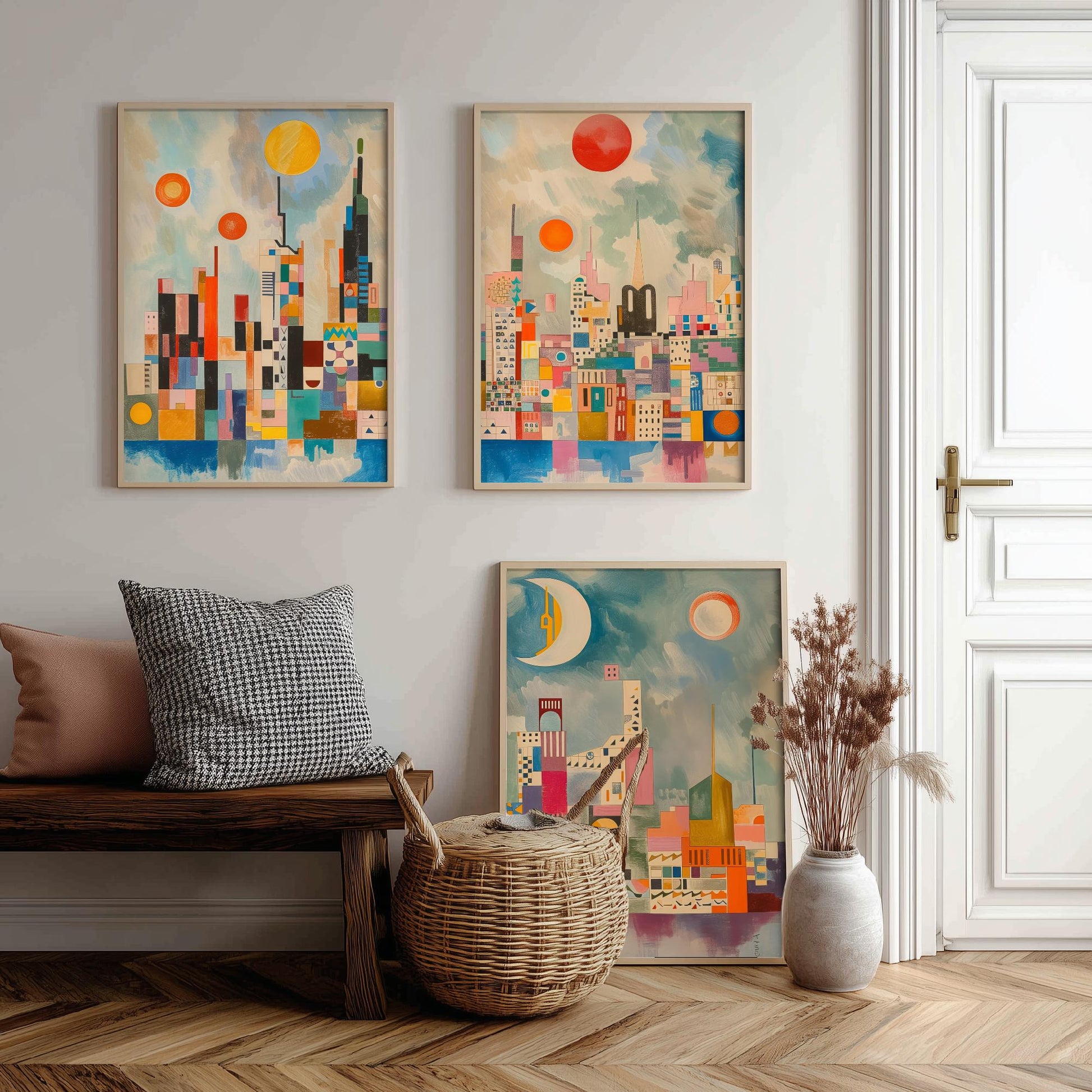 London Set of Three Art Prints - Colourful Geometric Abstract Skyline Posters - Modernist City Illustration - Sun and Moon Painting