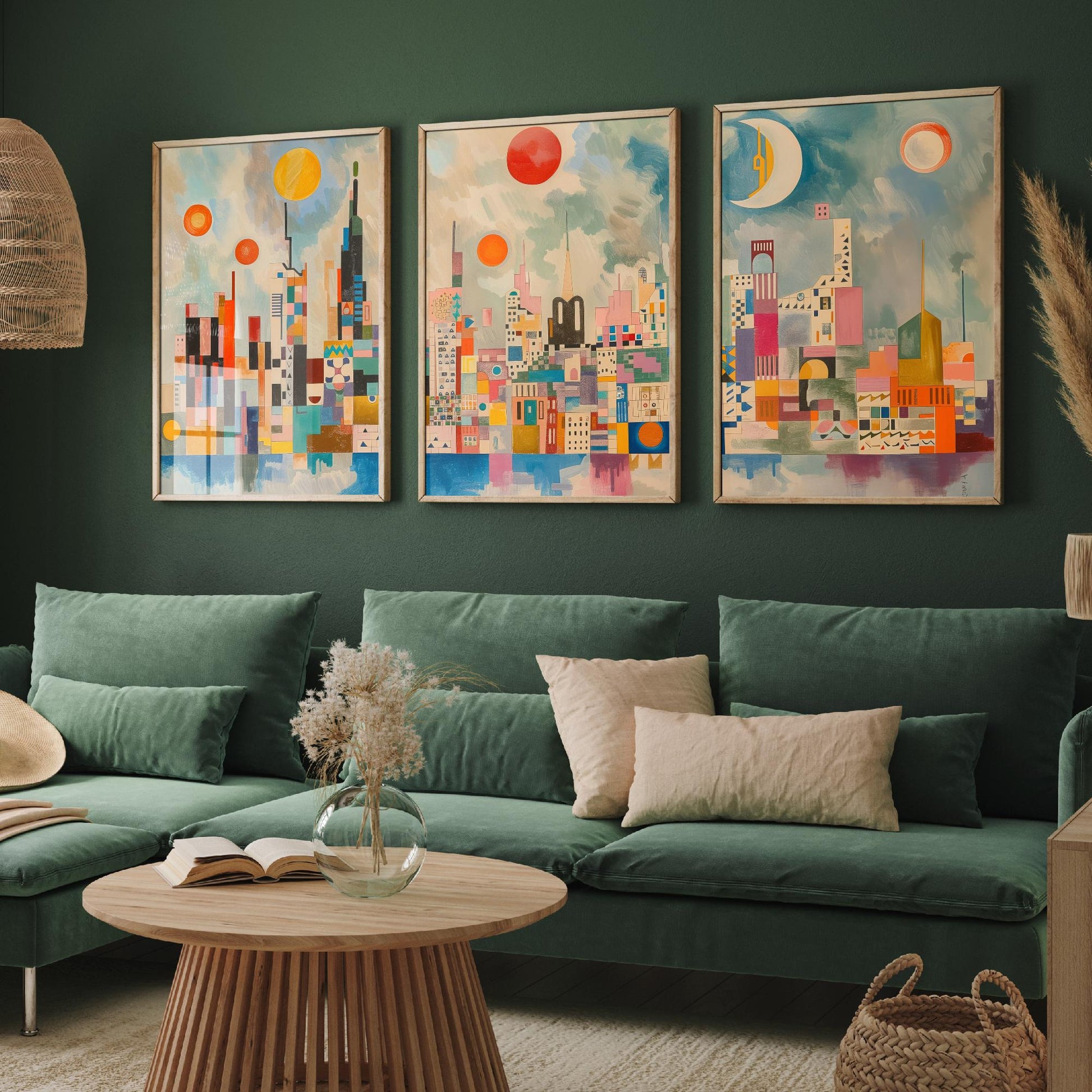 London Set of Three Art Prints - Colourful Geometric Abstract Skyline Posters - Modernist City Illustration - Sun and Moon Painting